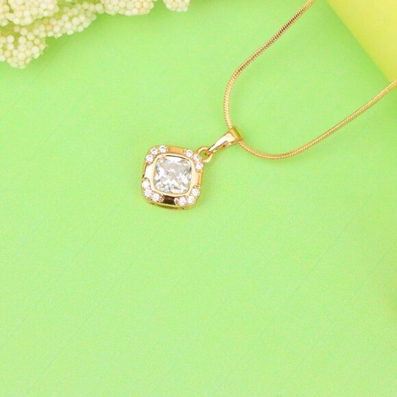 "White Cushion Stone Pendant in Gold Plated Brass with Crystal Halo, XPPT1769 - Picture 2 of 12